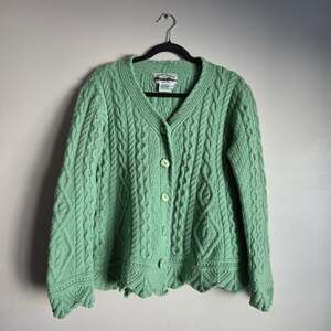 Aran Crafts Ireland Green Merino Wool Scalloped Cable Knit Fisherman Cardigan M